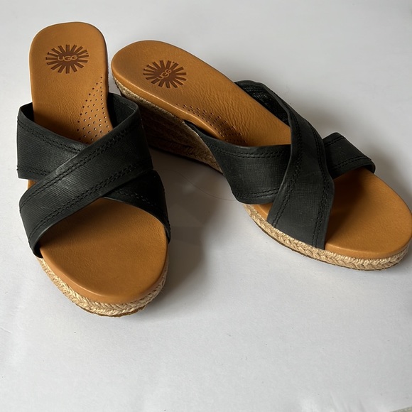 Ugg Sandal Black Leather Wedge New 6 - Picture 9 of 12